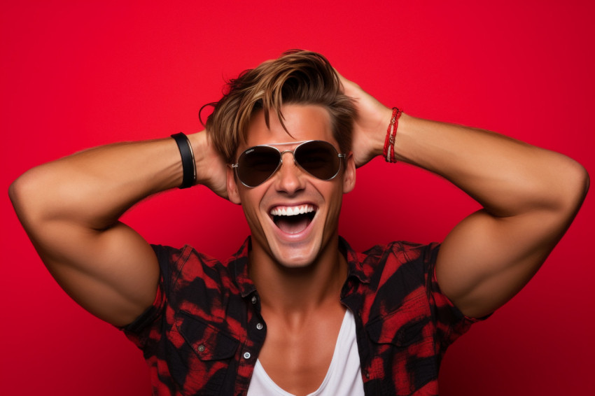A photo of a smiling young man with sunglasses standing against A photo of a smiling young man with sunglasses standing against