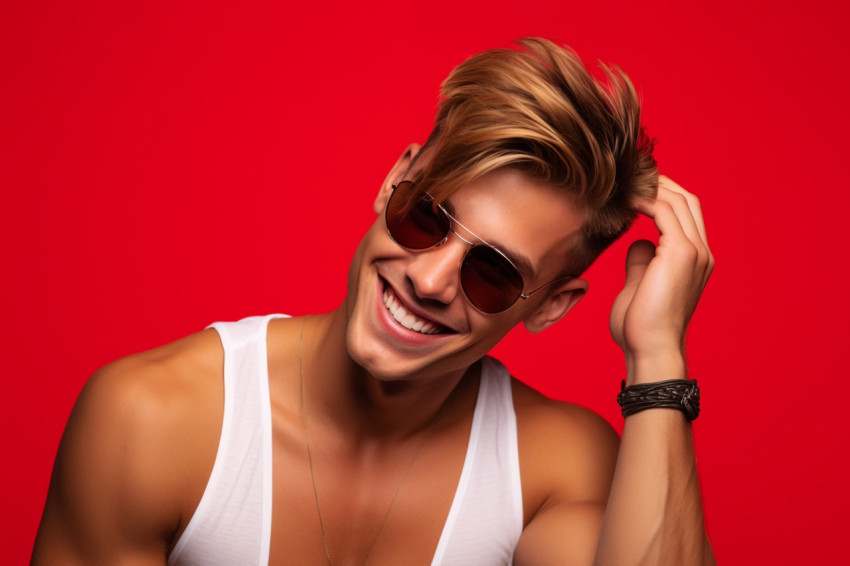 A photo of a smiling young man with sunglasses standing against A photo of a smiling young man with sunglasses standing against