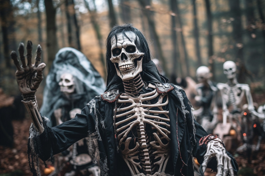 A picture of a skeleton at a Halloween party in a graveyard with A picture of a skeleton at a Halloween party in a graveyard with