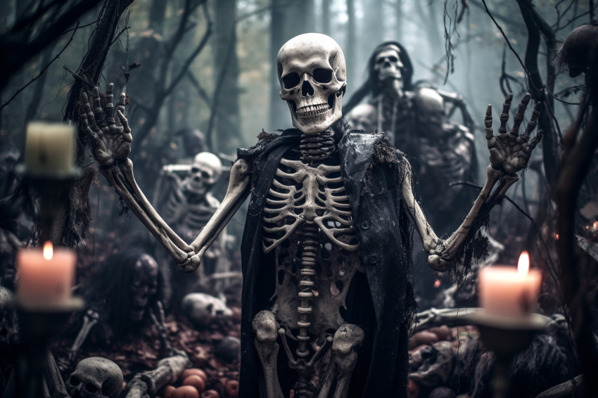 A picture of a skeleton at a Halloween party in a graveyard with A picture of a skeleton at a Halloween party in a graveyard with