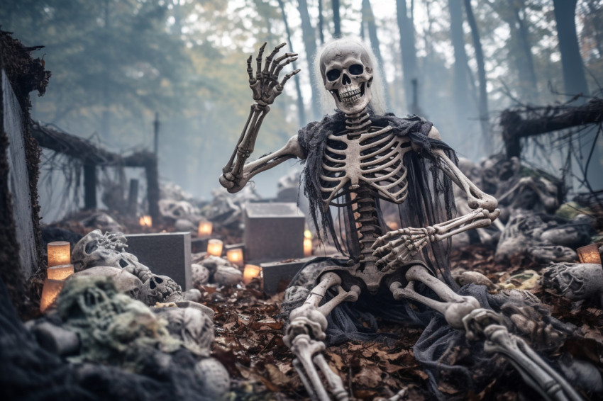 A picture of a skeleton at a Halloween party in a graveyard with A picture of a skeleton at a Halloween party in a graveyard with