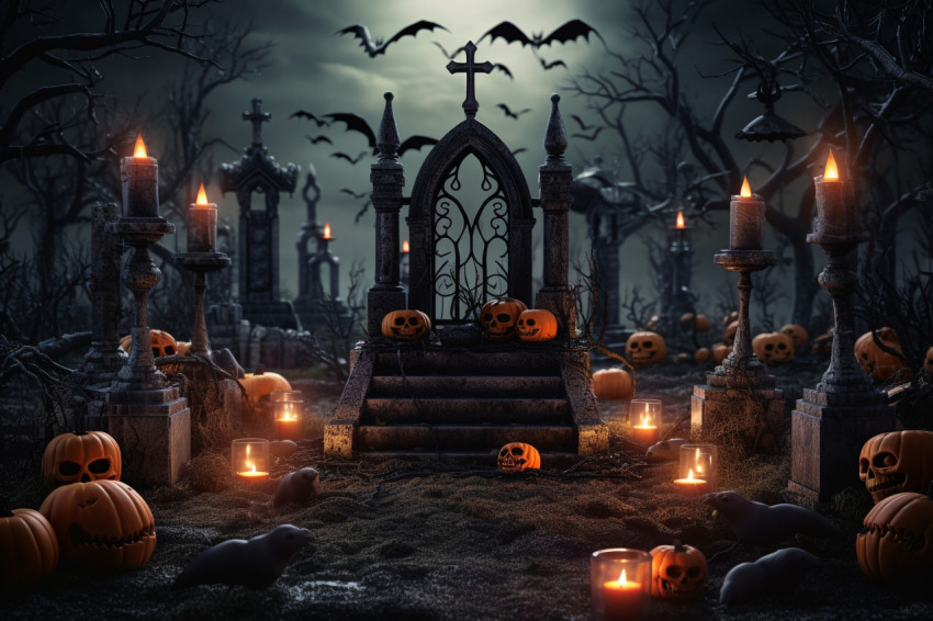 A picture of a Halloween-themed wooden table in a spooky graveya A picture of a Halloween-themed wooden table in a spooky graveya