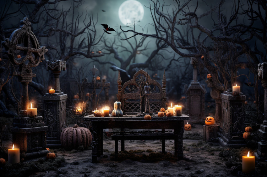 A picture of a Halloween-themed wooden table in a spooky graveya A picture of a Halloween-themed wooden table in a spooky graveya