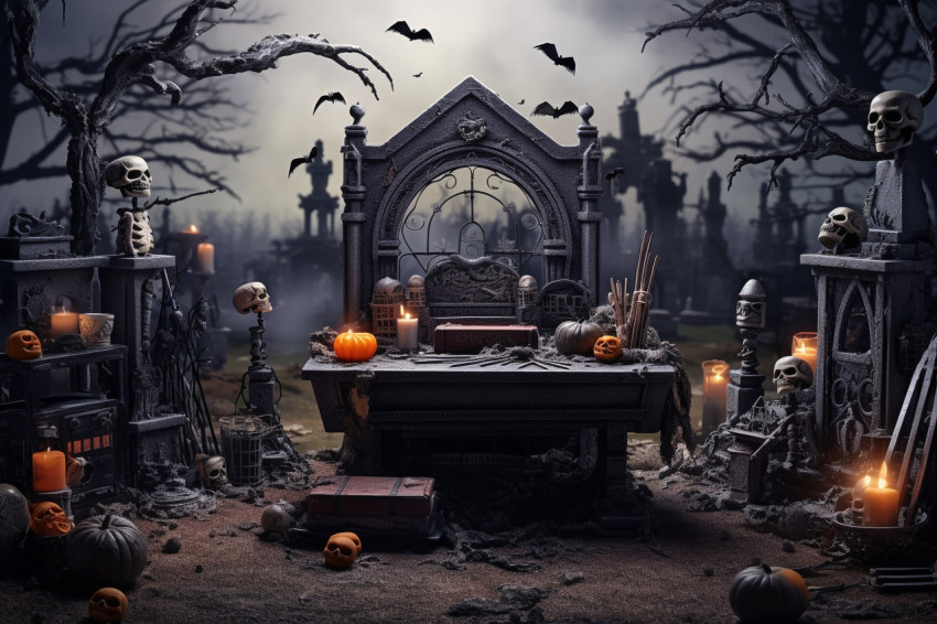 A picture of a Halloween-themed wooden table in a spooky graveya A picture of a Halloween-themed wooden table in a spooky graveya