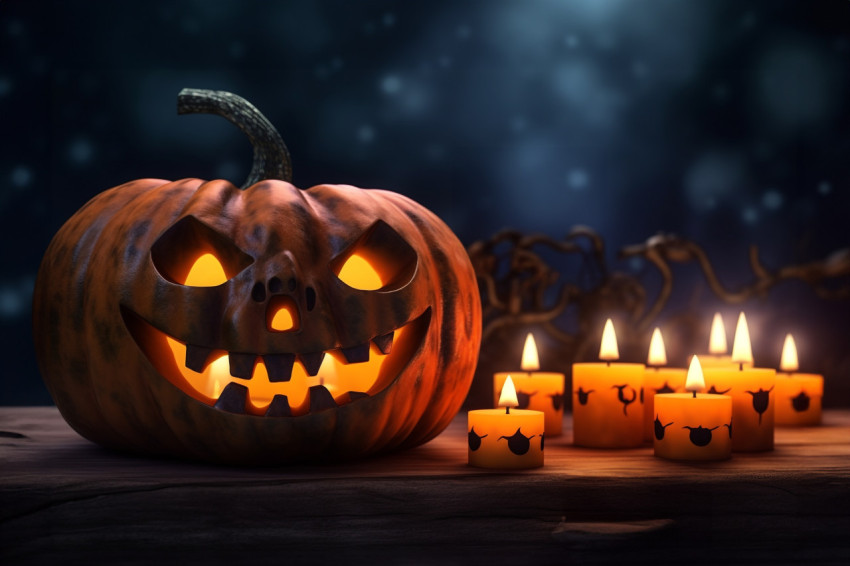 A picture of a carved pumpkin sitting on a wooden board with can A picture of a carved pumpkin sitting on a wooden board with can