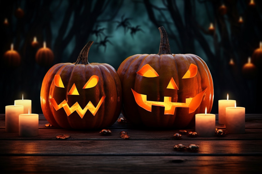 A picture of a carved pumpkin sitting on a wooden board with can A picture of a carved pumpkin sitting on a wooden board with can