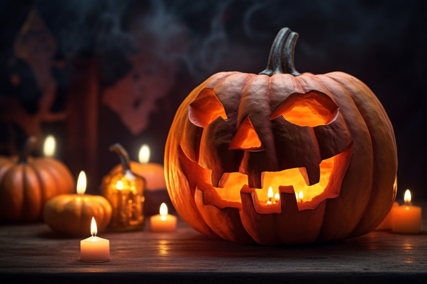 A picture of a carved pumpkin sitting on a wooden board with can A picture of a carved pumpkin sitting on a wooden board with can
