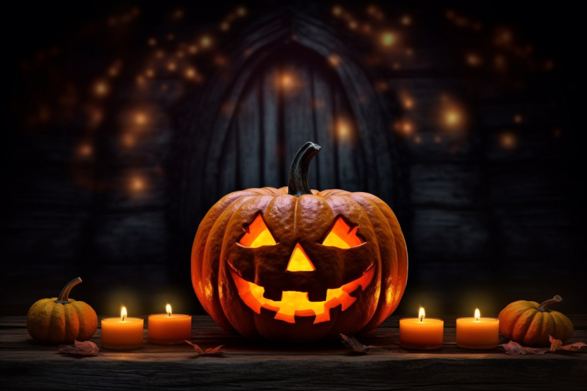 A picture of a carved pumpkin sitting on a wooden board with can A picture of a carved pumpkin sitting on a wooden board with can