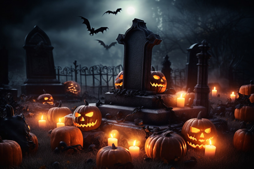 A photo of pumpkins in a spooky graveyard on Halloween night A photo of pumpkins in a spooky graveyard on Halloween night