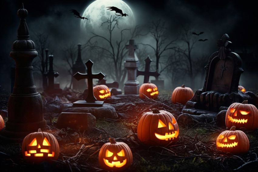 A photo of pumpkins in a spooky graveyard on Halloween night A photo of pumpkins in a spooky graveyard on Halloween night