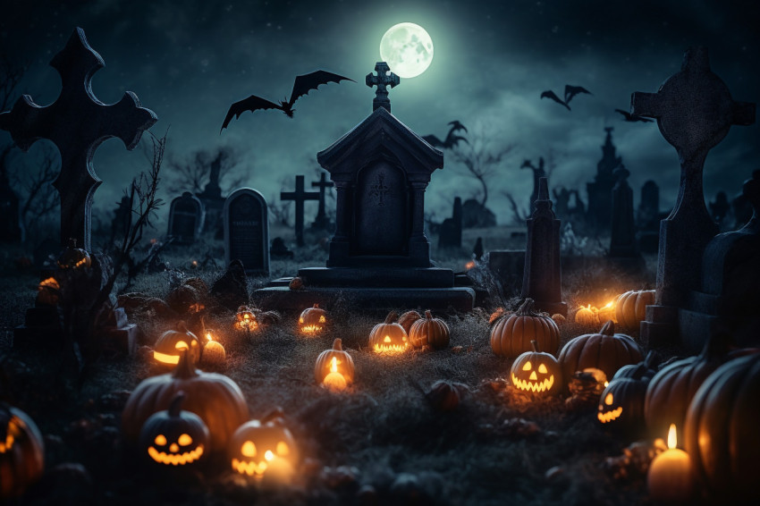 A photo of pumpkins in a spooky graveyard on Halloween night A photo of pumpkins in a spooky graveyard on Halloween night