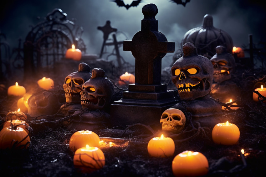 A photo of pumpkins in a spooky graveyard on Halloween night A photo of pumpkins in a spooky graveyard on Halloween night