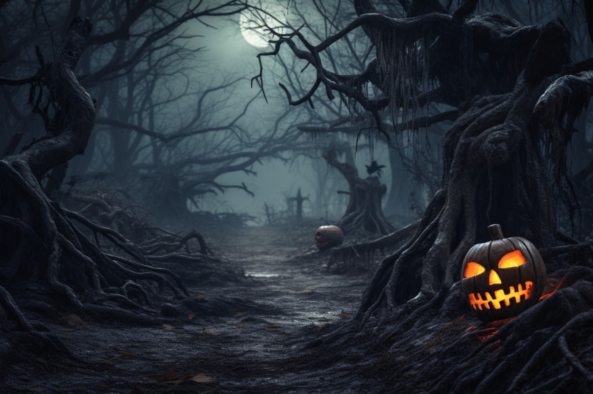 A photo of a scary forest with dead trees and pumpkins, decorate A photo of a scary forest with dead trees and pumpkins, decorate