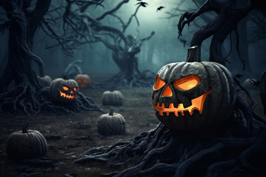 A photo of a scary forest with dead trees and pumpkins, decorate A photo of a scary forest with dead trees and pumpkins, decorate