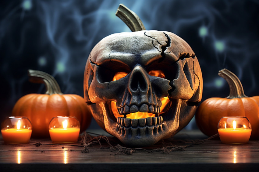 Picture of a scary pumpkin on a table, decorated with other pump Picture of a scary pumpkin on a table, decorated with other pump