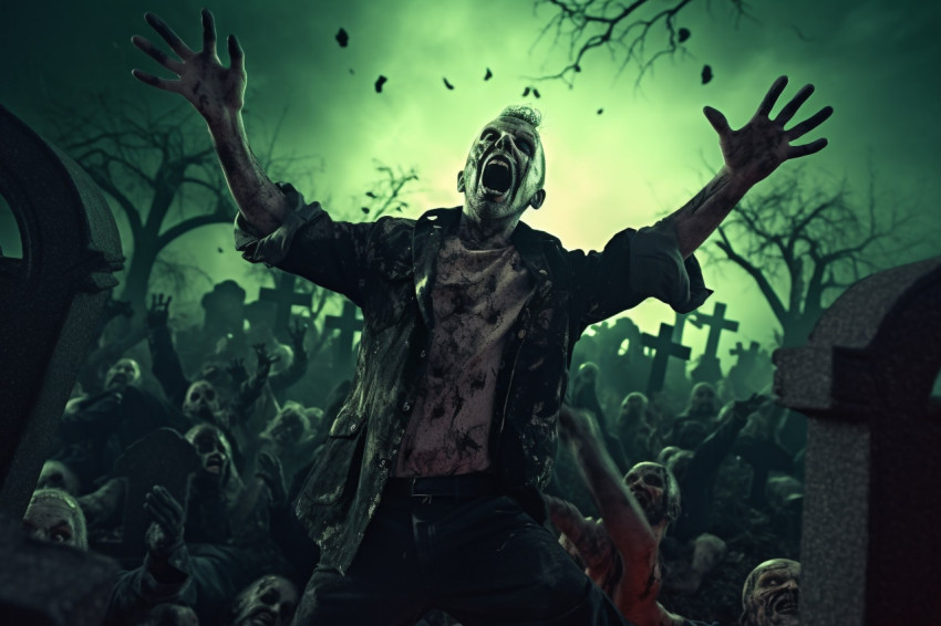 A picture of a zombie coming out of a spooky graveyard at night A picture of a zombie coming out of a spooky graveyard at night