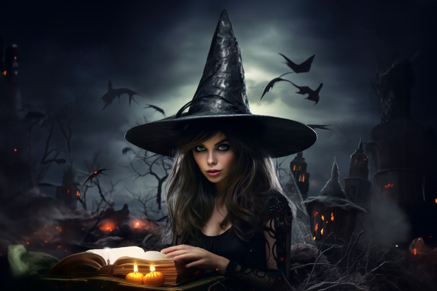 A picture of a young woman dressed as a witch for Halloween, hol A picture of a young woman dressed as a witch for Halloween, hol