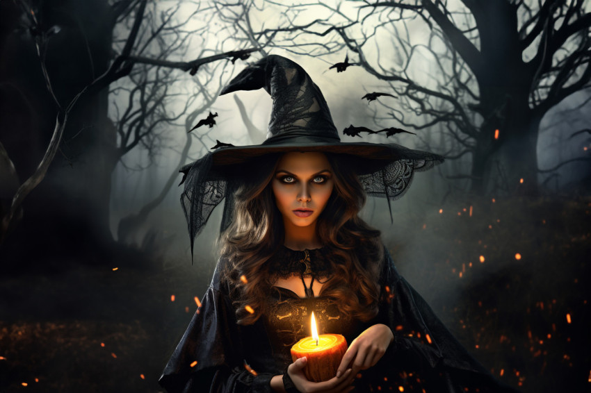 A picture of a young woman dressed as a witch for Halloween, hol A picture of a young woman dressed as a witch for Halloween, hol