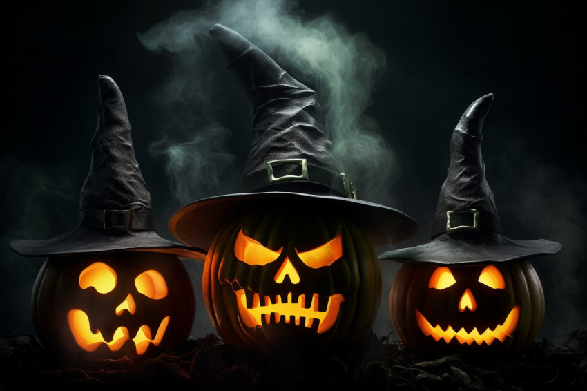 A photo of three scary Halloween pumpkins glowing in the dark fo
