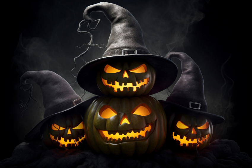 A photo of three scary Halloween pumpkins glowing in the dark fo