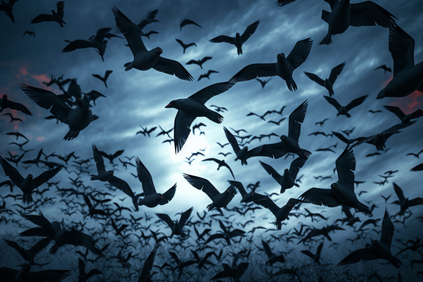 A picture of the moon rising in a dark and mysterious sky. Crows A picture of the moon rising in a dark and mysterious sky. Crows
