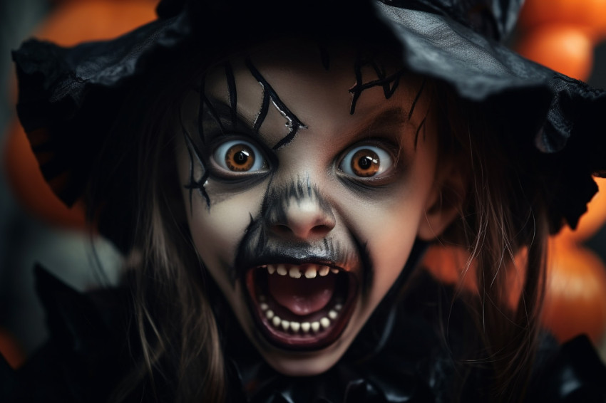 A photo of a cute little child in a witch costume, covering thei A photo of a cute little child in a witch costume, covering thei