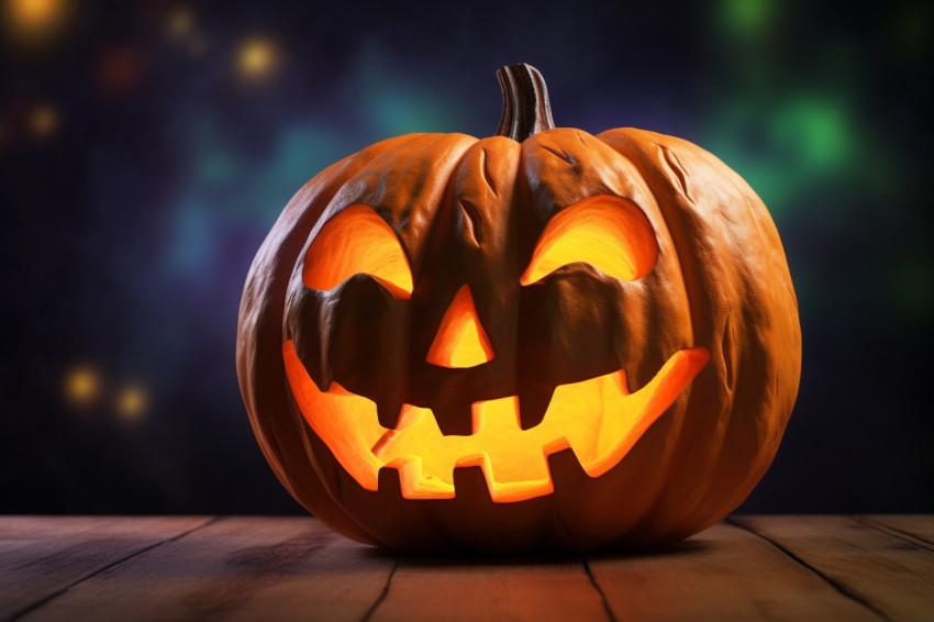 A picture of a carved pumpkin on a wooden table A picture of a carved pumpkin on a wooden table
