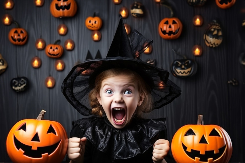 A picture of a funny little girl in a witch costume for Hallowee A picture of a funny little girl in a witch costume for Hallowee