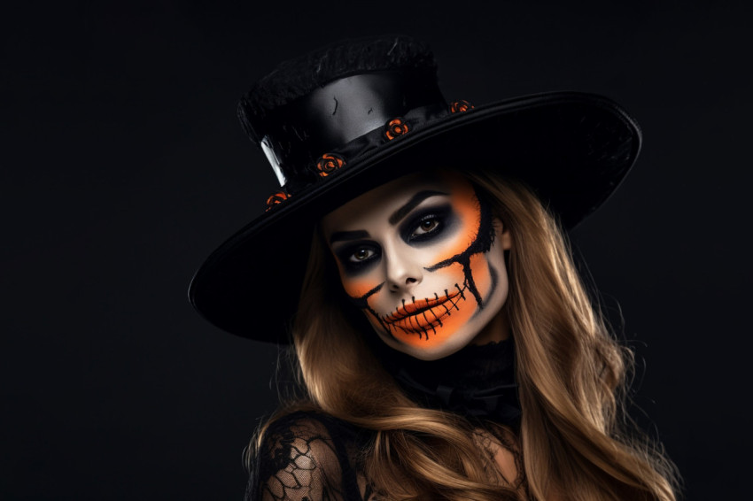 Picture of a pretty model with Halloween makeup on a black backg Picture of a pretty model with Halloween makeup on a black backg