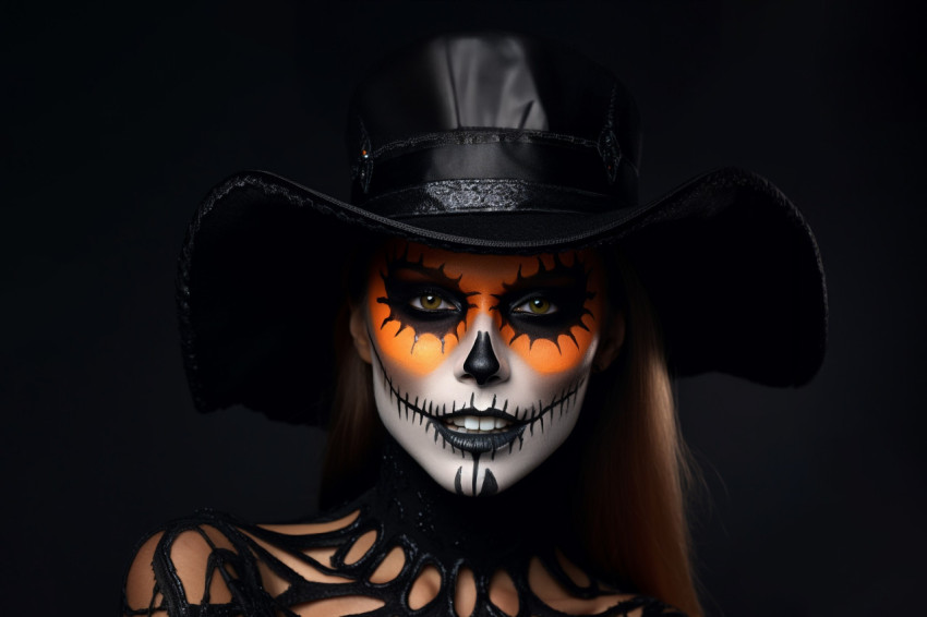 Picture of a pretty model with Halloween makeup on a black backg Picture of a pretty model with Halloween makeup on a black backg