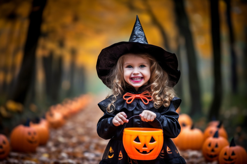 A photo of a young girl dressed as a witch playing in a park in A photo of a young girl dressed as a witch playing in a park in