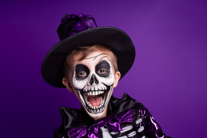 A photo of a happy boy in a skeleton costume celebrating Hallowe A photo of a happy boy in a skeleton costume celebrating Hallowe