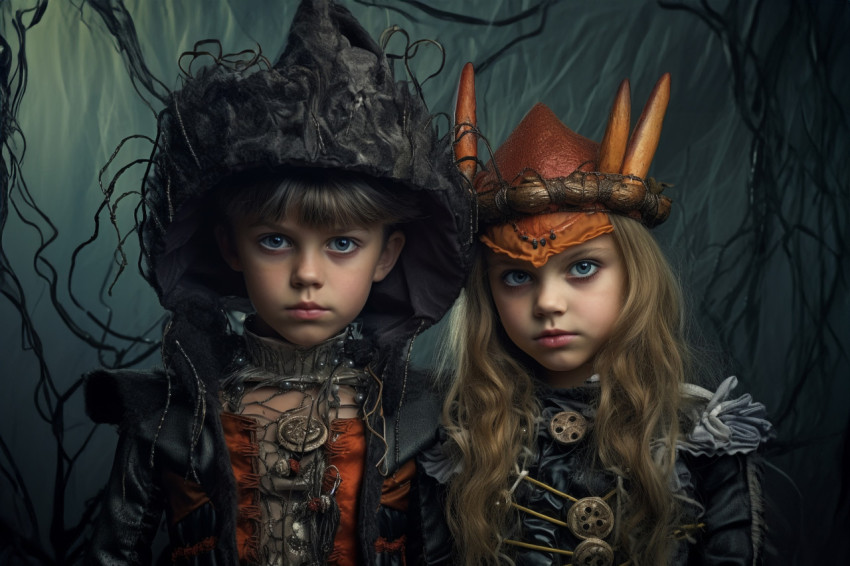 Picture of young kids in Halloween costumes going trick or treat Picture of young kids in Halloween costumes going trick or treat