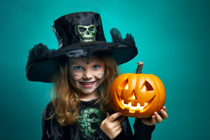 A picture of a small, adorable witch with a pumpkin on a bright A picture of a small, adorable witch with a pumpkin on a bright