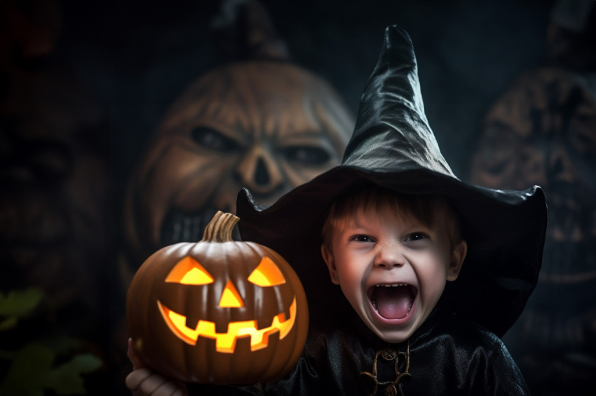 Picture of a small boy wearing a black witch hat and holding a H Picture of a small boy wearing a black witch hat and holding a H