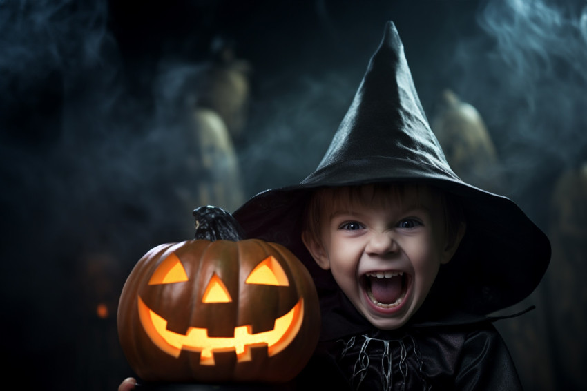 Picture of a small boy wearing a black witch hat and holding a H Picture of a small boy wearing a black witch hat and holding a H