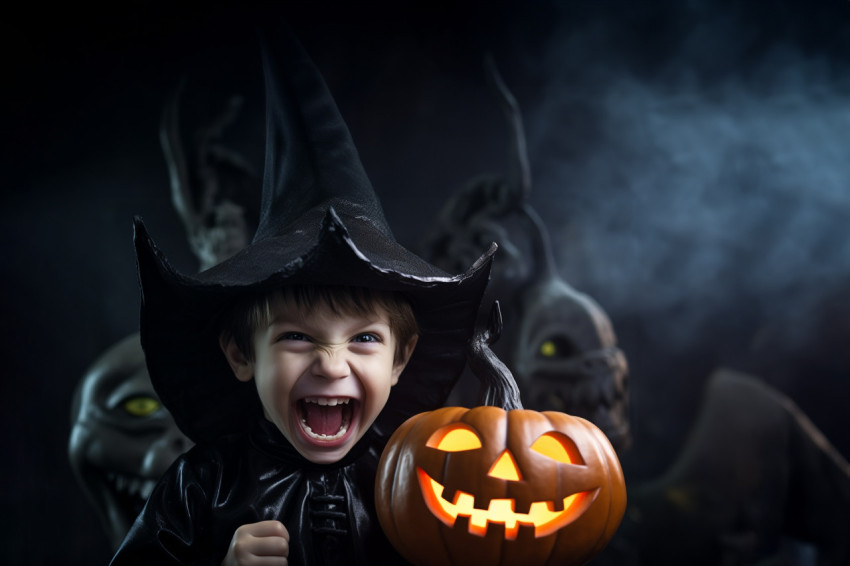 Picture of a small boy wearing a black witch hat and holding a H Picture of a small boy wearing a black witch hat and holding a H