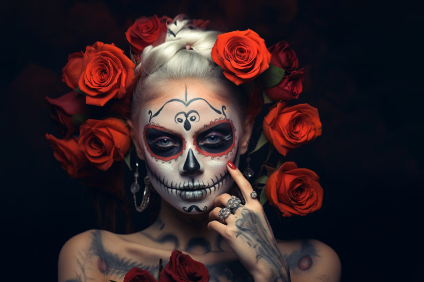 Picture of a young woman with scary makeup and flowers on her he Picture of a young woman with scary makeup and flowers on her he