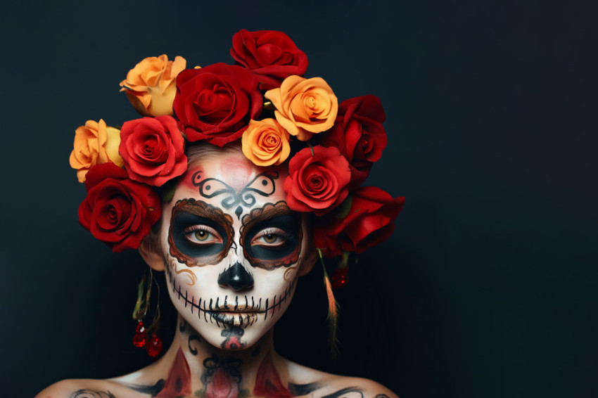 Picture of a young woman with scary makeup and flowers on her he Picture of a young woman with scary makeup and flowers on her he