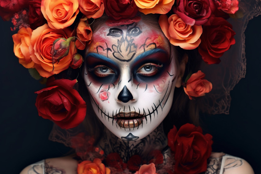 Picture of a young woman with scary makeup and flowers on her he Picture of a young woman with scary makeup and flowers on her he