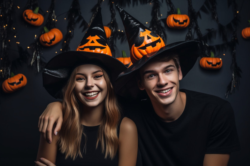 A picture of young people wearing Halloween hats and holding pum A picture of young people wearing Halloween hats and holding pum