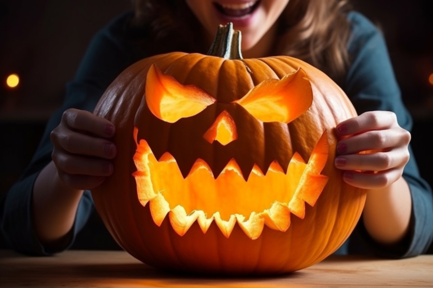 A close up photo of a woman carving a big orange pumpkin for a H A close up photo of a woman carving a big orange pumpkin for a H