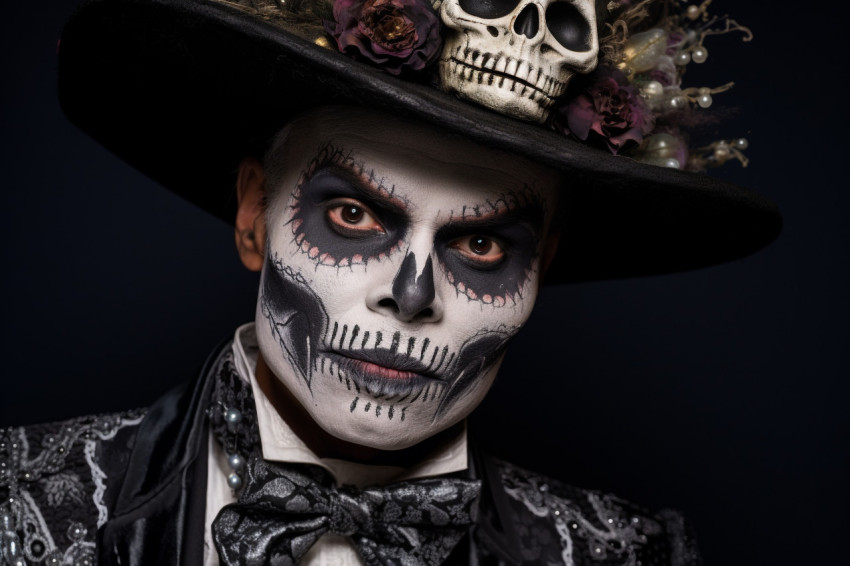 A close up photo of a man with skull makeup, dressed in a tailco A close up photo of a man with skull makeup, dressed in a tailco