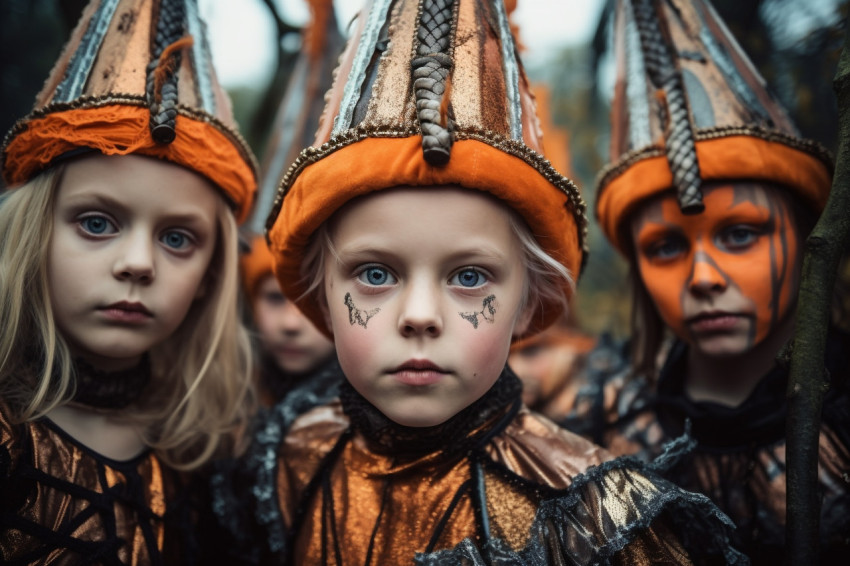 A photo of happy children in Halloween costumes celebrating Hall A photo of happy children in Halloween costumes celebrating Hall
