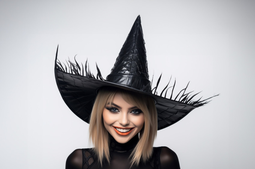 A picture of a happy young woman dressed as a witch for Hallowee A picture of a happy young woman dressed as a witch for Hallowee