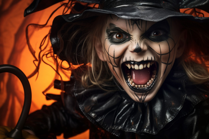 Picture of a happy little girl laughing in a witch costume on Ha Picture of a happy little girl laughing in a witch costume on Ha