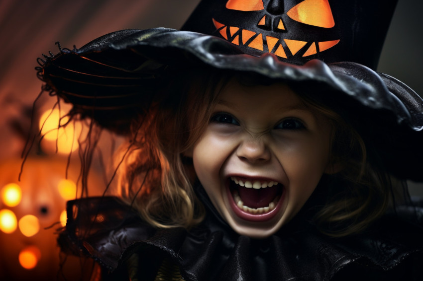 Picture of a happy little girl laughing in a witch costume on Ha Picture of a happy little girl laughing in a witch costume on Ha