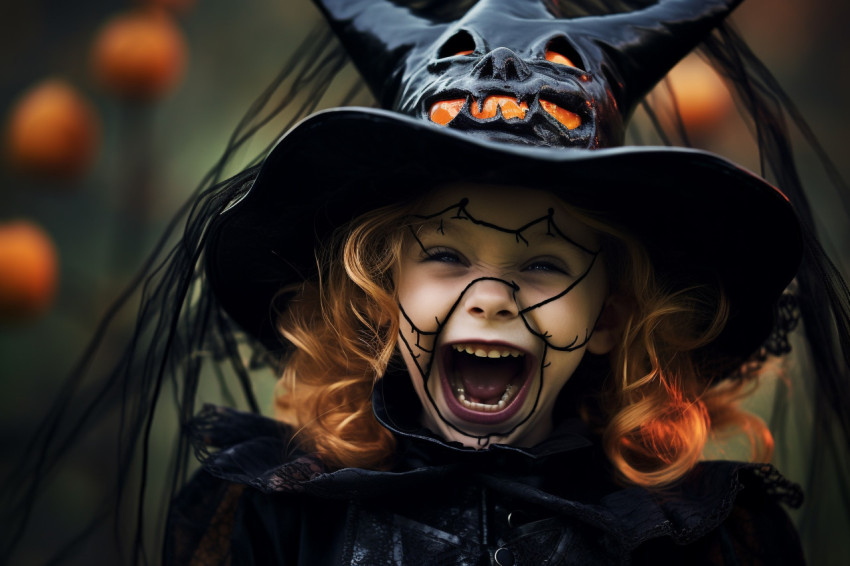 Picture of a happy little girl laughing in a witch costume on Ha Picture of a happy little girl laughing in a witch costume on Ha