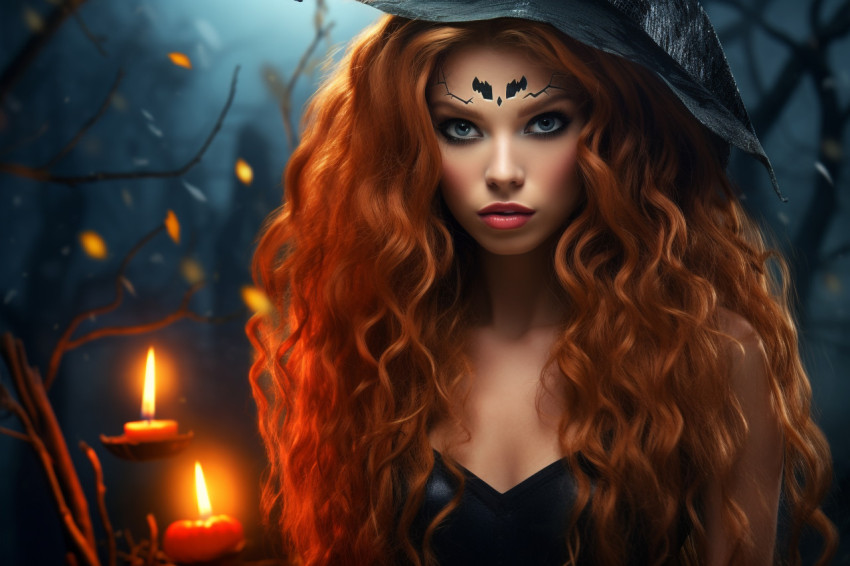 A photo of a young woman in a witch costume with long, curly red A photo of a young woman in a witch costume with long, curly red