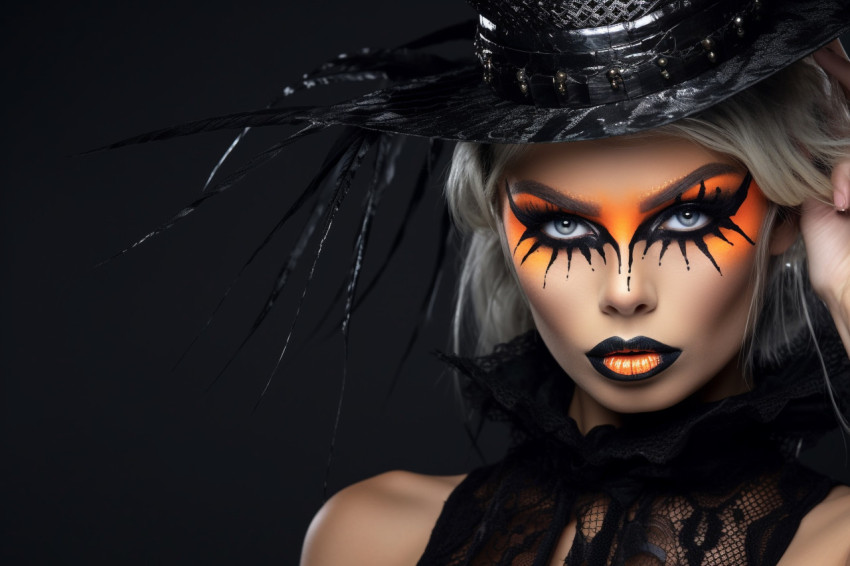 Photo of a beautiful woman with bright black Halloween makeup on Photo of a beautiful woman with bright black Halloween makeup on